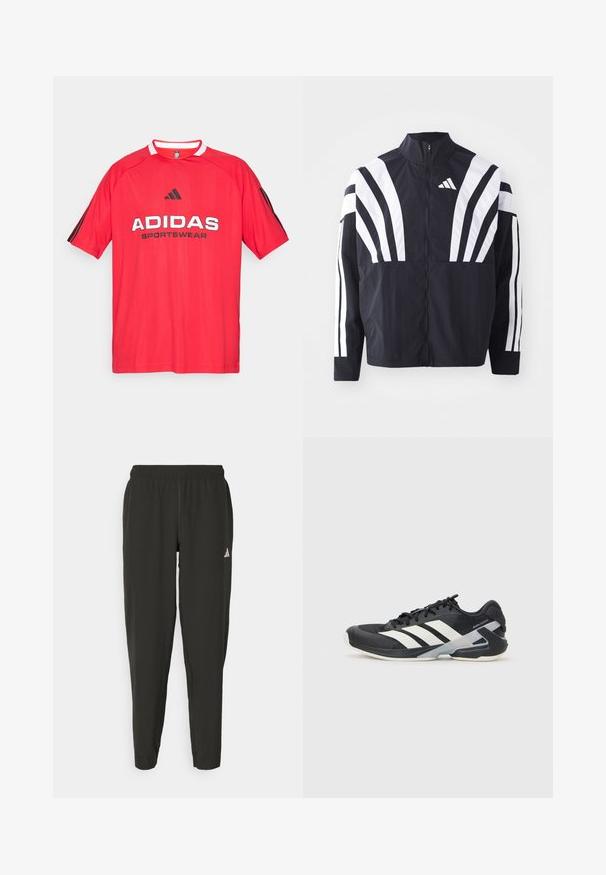 Chaqueta negra con cuello alto, cremallera completa y llamativas franjas diagonales blancas en las mangas. Fabricada en tejido ligero con una textura suave.; Camiseta deportiva roja de Adidas con logo y texto en negro, de manga corta, con cuello redondo, que presenta rayas negras a los lados, hecha de un tejido transpirable.; Pantalones deportivos negros con cinturilla elástica, ajuste Slim y logo blanco en la pierna izquierda. Tejido suave y ligero.; Zapatilla deportiva negra con franjas blancas, parte superior de malla, punta redondeada y suela acolchada. Presenta un talón texturizado y un sistema de cordones seguro.