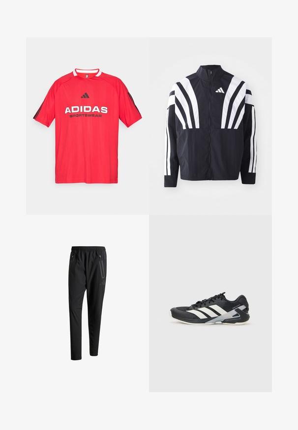 Černá bunda s vysokým límcem, plným zipem a výraznými bílými šikmými pruhy na rukávech. Vyrobena z lehké látky s hladkou texturou.; Červený sportovní dres Adidas s černým logem a textem, krátké rukávy, kulatý výstřih, s černými pruhy po stranách, vyrobený z prodyšného materiálu.; Černé sportovní kalhoty s elastickým pasem, dvěma zipovými bočními kapsami, zúženými nohavicemi a decentním logem na boku.; Černá sportovní obuv s bílými pruhy, síťovaným svrškem, zaoblenou špičkou a polstrovanou podrážkou. Obsahuje texturovanou patu a bezpečný systém šněrování.