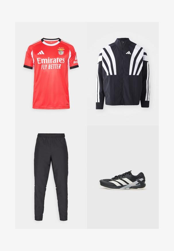 Svart jakke med høy krage, hel glidelås og markante hvite skråstriper på ermene. Laget av lett stoff med en glatt tekstur.; Rød fotballdrakt laget av pustende stoff, med svarte og hvite detaljer, rund krage, og logo med tre gullstjerner foran.; Svarte treningsbukser med elastisk midje, avsmalnende ben og hvite sideakenter. Laget av syntetisk materiale med en glatt tekstur.; Svart treningssko med hvite striper, mesh-overdel, avrundet tå og polstret såle. Har en teksturert hæl og et sikkert snøresystem.
