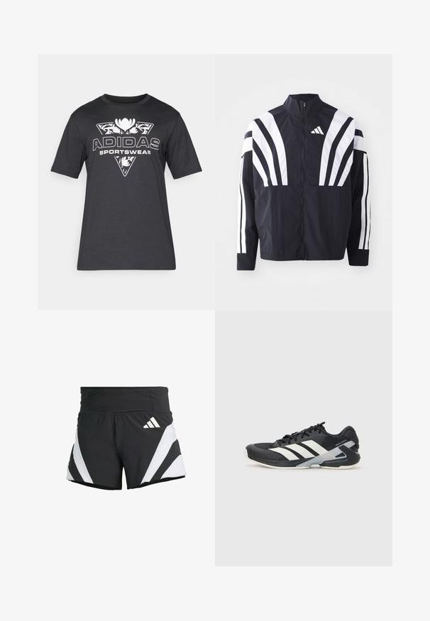 Casaco preto com colarinho alto, fecho completo e listras diagonais brancas em bold nas mangas. Feito de um tecido leve com uma textura suave.; T-shirt preta de manga curta da Adidas com design triangular floral branco e texto "ADIDAS SPORTSWEAR" no peito.; adidas Performance ADIZERO A M - Calções desportivos - black; Sapata atlética preta com riscas brancas, parte superior em malha, biqueira arredondada e sola acolchoada. Apresenta um calcanhar texturizado e um sistema de atacadores seguro.