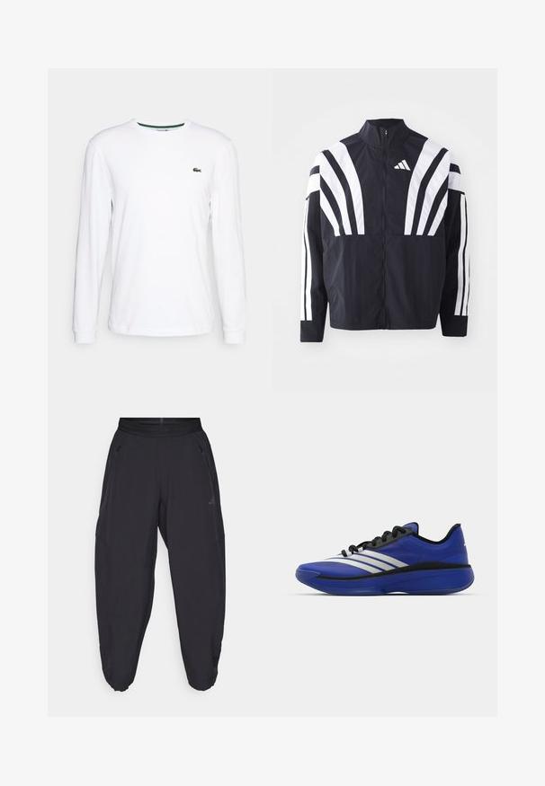 Fekete dzseki magas gallérral, teljes cipzárral és merész, fehér, átlós csíkokkal az ujjakon. Könnyű anyagból készült, sima tapintással.; Fehér, hosszú ujjú póló, pamutból készült, kerek nyakkivágással és zöld hímzett logóval a bal mellrészen. Puha tapintású és testhezálló fazon.; Fekete sportnadrág, rugalmas derékkal, cipzáros oldalzsebekkel, szűkített lábakkal és diszkrét logóval a jobb combon.; adidas Performance ADIZERO SELECT 3.0 - Kosárlabdacipők - lucid blue/core black/metallic