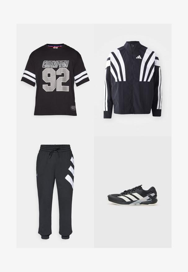 Mustat takki, jossa on korkea kaulus, täysivetoketju ja erittäin näkyvät valkoiset vinoraidat hihoissa. Valmistettu keveästä kankaasta, jolla on sileä rakenne.; Mustat lyhythihaiset t-paidat, joissa on hopealla painettuna "CHAMPION" ja "92". Olkasaumoissa on valkoiset raidat ja ribbineck.; Mustat jumperit, joissa on joustava vyötärö, nauha, ja valkoiset vinoraitat vasemmassa jalassa, nilkkojen kohdalla kootut.; Mustat urheilukengät valkoisilla raidoilla, verkkomateriaalia ylhäällä, pyöristetty kärki ja pehmustettu pohja. Varustettu teksturoidulla kantapäällä ja turvallisella nauhoitusjärjestelmällä.
