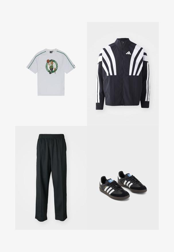 Melna jakas ar augstu apkakli, pilnu rāvējslēdzēju un drosmīgām baltām diagonālām svītrām uz piedurknēm. Izgatavota no viegla auduma ar gludu tekstūru.; Baltā sieta īsās piedurknes krekls ar zaļu Boston Celtics logotipu un raksturu grafiku centrā; ar zaļu apdari plecu daļā.; Melni sporta bikses ar elastīgu jostu, izgatavotas no gludas auduma, ar smalku sānu šuvēm un brīvu piegriezumu, taisnas kājas dizains.; Melnas sporta apavas ar zamšādas un sintētisku augšdaļu, ar trim baltām svītrām, teksturētu gumijas zoli un zilu logo birku uz mēles.