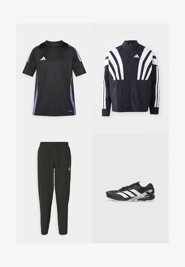 Giacca nera con colletto alto, zip completa e audaci strisce diagonali bianche sulle maniche. Realizzata in tessuto leggero con una texture morbida.; Maglietta sportiva nera a maniche corte, con strisce bianche sulle spalle, dettagli verde e viola, e logo ricamato sul petto.; Pantaloni sportivi neri con elastico in vita, taglio aderente e logo bianco sulla gamba sinistra. Tessuto liscio e leggero.; Scarpa sportiva nera con strisce bianche, tomaia in rete, punta arrotondata e suola ammortizzata. Presenta un tallone testurizzato e un sistema di allacciatura sicuro.