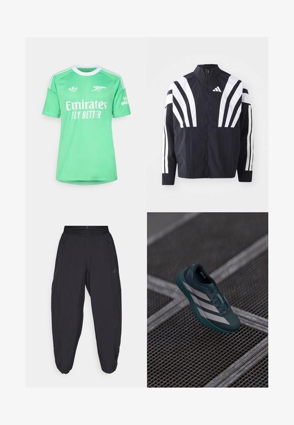 Čierna bunda s vysokým golierom, plným zipsom a výraznými bielymi diagonálnymi pruhmi na rukávoch. Vyrobená z ľahkého materiálu s hladkou textúrou.; adidas Performance LIVERPOOL FC 25/26 GOALKEEPER JERSEY - Klubové oblečenie - glory mint; Čierne športové nohavice s elastickým pásom, zapínateľnými bočnými vreckami, zužujúcimi sa nohavicami a jemným logom na pravej stehne.; Tmavo zelená športová obuv s textúrovaným povrchom, ktorá má tri biele pruhy, zaoblenú špičku a odpruženú podrážku.