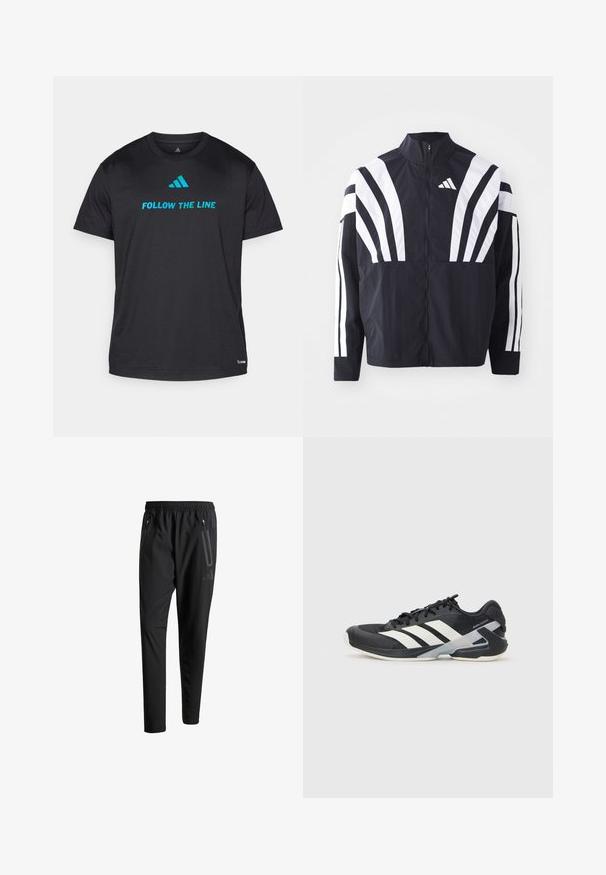 Black jacket featuring a high collar, full zip, and bold white diagonal stripes on sleeves. Made from lightweight fabric with a smooth texture.; Black athletic t-shirt made of lightweight fabric, featuring "FOLLOW THE LINE" in bright blue and a small logo near the hem.; Black athletic pants with an elastic waistband, two zippered side pockets, tapered legs, and a subtle logo detail on the hip.; Black athletic shoe with white stripes, mesh upper, rounded toe, and cushioned sole. Features a textured heel and secure lacing system.