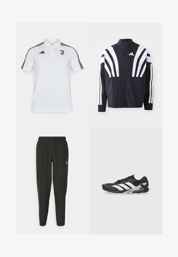 Černá bunda s vysokým límcem, plným zipem a výraznými bílými šikmými pruhy na rukávech. Vyrobena z lehké látky s hladkou texturou.; Bílá polo košile se třemi černými pruhy na každém rameni, černým logem Adidas a emblémem Juventusu na hrudi. Bavlněný materiál.; Černé sportovní kalhoty s elastickým pasem, úzkým střihem a bílým logem na levé noze. Hladká, lehká tkanina.; Černá sportovní obuv s bílými pruhy, síťovaným svrškem, zaoblenou špičkou a polstrovanou podrážkou. Obsahuje texturovanou patu a bezpečný systém šněrování.