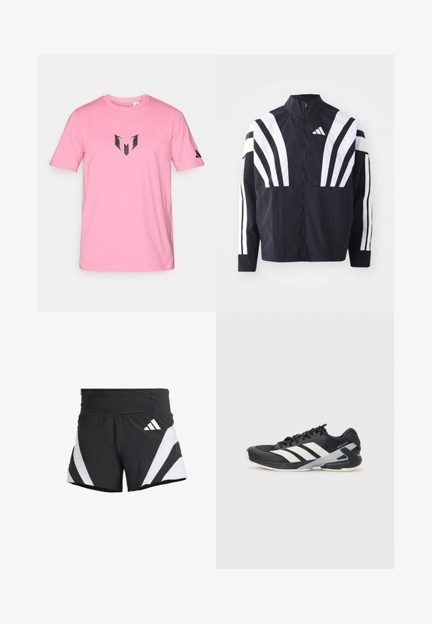 Schwarze Jacke mit hohem Kragen, durchgehendem Reißverschluss und kräftigen weißen diagonalen Streifen an den Ärmeln. Aus leichtem Stoff mit glatter Textur gefertigt.; Rosa Baumwoll-T-Shirt mit rundem Hals, versehen mit einem schwarzen grafischen Logo auf der Brust und einem kleinen Logo auf dem rechten Ärmel.; adidas Performance ADIZERO A M - Kurze Sporthose - black; Schwarzer Sportschuh mit weißen Streifen, Obermaterial aus Mesh, runde Zehenform und gepolstertem Sohlenteil. Verfügt über eine strukturierte Ferse und ein sicheres Schnürsystem.