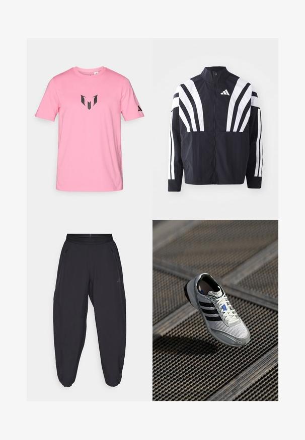 Crna jakna s visokim ovratnikom, punim patentnim zatvaračem i hrabrim bijelim dijagonalnim prugama na rukavima. Izrađena je od lagane tkanine s glatkom teksturom.; Roza pamučna majica s okruglim izrezom, s crnim grafičkim logotipom na prsima i malim logotipom na desnom rukavu.; Crne sportske hlače s elastičnim pojasom, bočnim džepovima sa zatvaračem, suženim nogavicama i suptilnim logom na desnom bedru.; Lagana trkačka obuća s gornjim dijelom od bijele mreže, tri crne pruge, sivi elementi i teksturirana potplat za prianjanje.