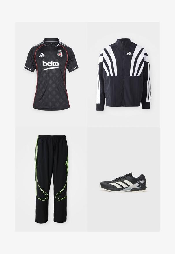 Svart jacka med hög krage, full dragkedja och djärva vita diagonala ränder på ärmarna. Tillverkad av lätt tyg med en slät struktur.; adidas Originals BESIKTAS 25/26 3RD JERSEY - Klubbkläder - black; Svart Adidas träningsbyxor med neongröna böjda linjer och tre ränder på sidorna, elastisk midja och Adidas-logga på framsidan av låret.; Svart atletisk sko med vita ränder, mesh-övre, rund tå och dämpad sula. Har en strukturerad häl och ett säkert snörningssystem.