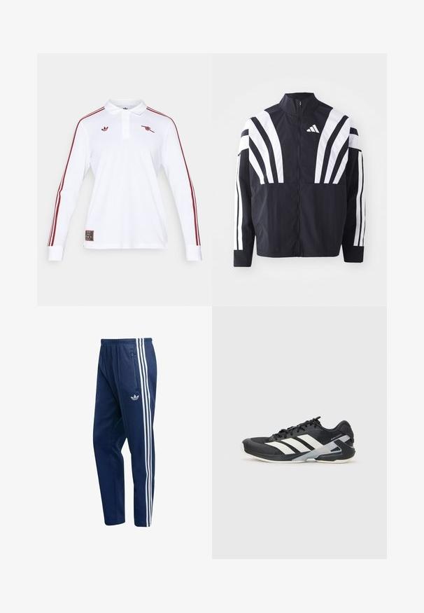 Juodas švarkas su aukštu kaklu, pilnu užtrauktuku ir ryškiomis baltomis įstrižomis juostelėmis ant rankovių. Pagamintas iš lengvos medžiagos su lygiu paviršiumi.; adidas Originals ARSENAL FC ICON LONG SLEEVE POLO - Sporto klubų atributika - white; Tamsiai mėlynos sportinės kelnės iš minkštos medžiagos, su trimis baltais vertikaliais dryžiais šonuose ir kišenė su užtrauktuku dešinėje klubo pusėje.; Juoda sportinė avalynė su baltais dryžiais, tinklinis viršus, apvalus pirštas ir paminkštinta padais. Yra tekstūruota kulno dalis ir saugi raištelių sistema.