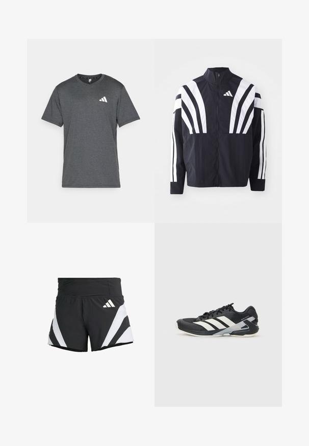 Jachetă neagră cu guler înalt, fermoar complet și dungi diagonale albe îndrăznețe pe mâneci. Fabricată dintr-un material ușor, cu o textură netedă.; Tricou sportiv gri închis, realizat din material respirabil, cu mâneci scurte și un accent cu logo alb pe partea stângă a pieptului. Suprafață texturată.; adidas Performance ADIZERO A M - Pantaloni scurți sport - black; Pantofii sport negri cu dungi albe, superior din plasă, vârf rotunjit și talpă îmbunătățită pentru amortizare. Au o călcătură texturată și un sistem de șireturi securizat.