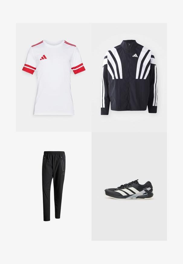 Black jacket featuring a high collar, full zip, and bold white diagonal stripes on sleeves. Made from lightweight fabric with a smooth texture.; White athletic short-sleeve shirt featuring red accents, including striped sleeves and shoulder detail, made of smooth, durable fabric.; Black athletic pants with an elastic waistband, two zippered side pockets, tapered legs, and a subtle logo detail on the hip.; Black athletic shoe with white stripes, mesh upper, rounded toe, and cushioned sole. Features a textured heel and secure lacing system.