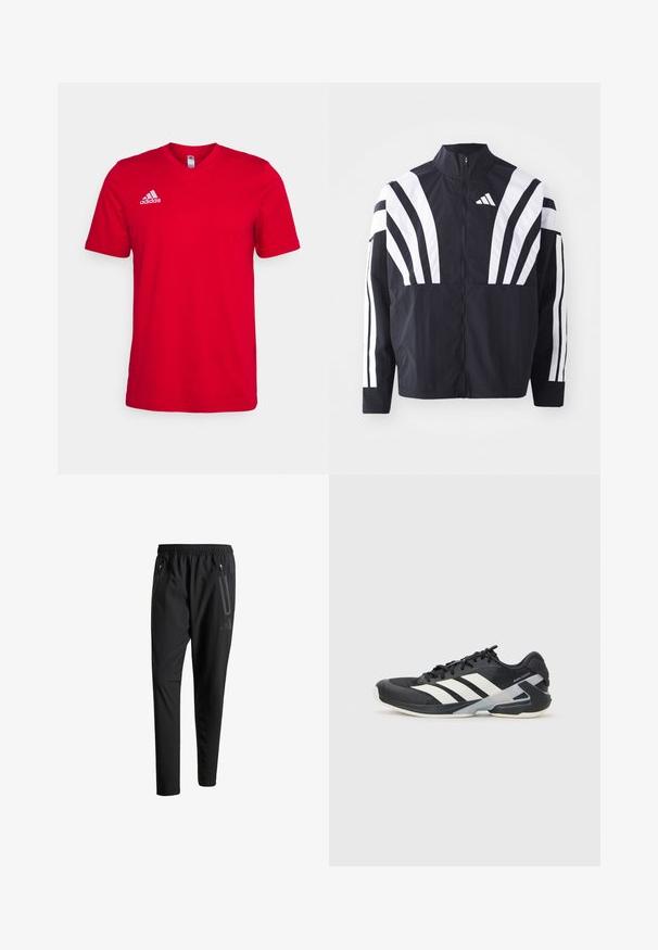 Melna jakas ar augstu apkakli, pilnu rāvējslēdzēju un drosmīgām baltām diagonālām svītrām uz piedurknēm. Izgatavota no viegla auduma ar gludu tekstūru.; Sarkans kokvilnas T-krekls ar īsām piedurknēm, v-veida kakla griezums un balts Adidas logo kreisajā krūtīs. Gluda tekstūra, bez redzamām rakstzīmēm.; Melni sporta bikses ar elastīgu vidukli, divām kabatām ar rāvējslēdzējiem sānos, sašaurinātām kājām un diskrētu logo detaļu uz gurniem.; Melnas sporta kurpes ar baltām svītrām, acs augšdaļa, noapaļots pirksts un mīksts zole. Iespējams ar teksturētu papēdi un drošu šņoru sistēmu.