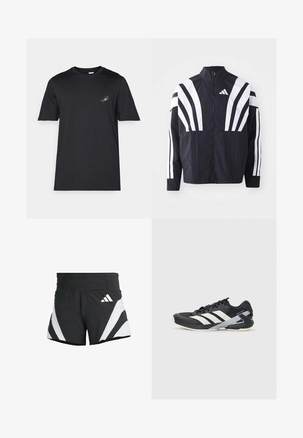 Melna jakas ar augstu apkakli, pilnu rāvējslēdzēju un drosmīgām baltām diagonālām svītrām uz piedurknēm. Izgatavota no viegla auduma ar gludu tekstūru.; Melnas kokvilnas T-kreklu ar apaļu izgriezumu, īsām piedurknēm un mazu baltu sporta apavu grafiku kreisajā krūšu pusē. Mīksta tekstūra, standarta izmērs.; adidas Performance ADIZERO A M - Sporta šorti - black; Melnas sporta kurpes ar baltām svītrām, acs augšdaļa, noapaļots pirksts un mīksts zole. Iespējams ar teksturētu papēdi un drošu šņoru sistēmu.