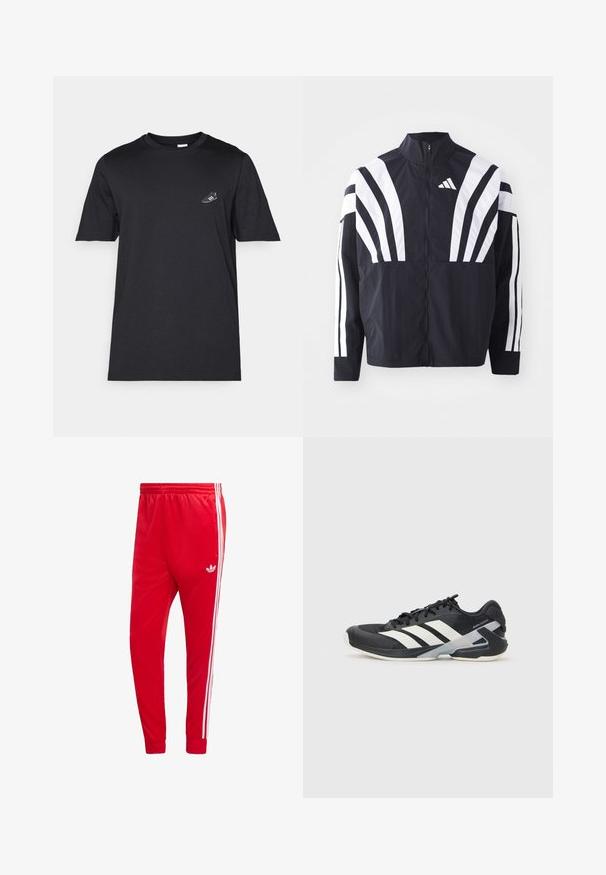 Juodas švarkas su aukštu kaklu, pilnu užtrauktuku ir ryškiomis baltomis įstrižomis juostelėmis ant rankovių. Pagamintas iš lengvos medžiagos su lygiu paviršiumi.; Juodas medvilninis t-shirt su apvaliu kaklu, trumpomis rankovėmis ir mažu baltu sportbačių grafiniu piešiniu ant kairiojo krūtinės pusės. Minkšta tekstūra, įprasta dydžio.; Raudonos sportinės kelnės iš lygaus audinio, su baltomis šoninėmis juostelėmis ir išsiuvinėtu logotipu kairėje šlaunyje. Elastinga juosmens juosta.; Juoda sportinė avalynė su baltais dryžiais, tinklinis viršus, apvalus pirštas ir paminkštinta padais. Yra tekstūruota kulno dalis ir saugi raištelių sistema.