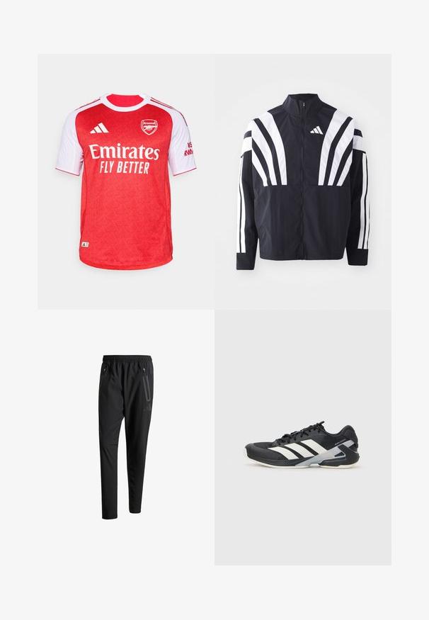 Chaqueta negra con cuello alto, cremallera completa y llamativas franjas diagonales blancas en las mangas. Fabricada en tejido ligero con una textura suave.; Camiseta de fútbol del Arsenal en rojo y blanco con mangas cortas, que presenta un patrón texturizado, el logo "Emirates Fly Better" y las franjas de Adidas.; Pantalones deportivos negros con una cintura elástica, dos bolsillos laterales con cremallera, piernas ajustadas y un discreto detalle de logo en la cadera.; Zapatilla deportiva negra con franjas blancas, parte superior de malla, punta redondeada y suela acolchada. Presenta un talón texturizado y un sistema de cordones seguro.