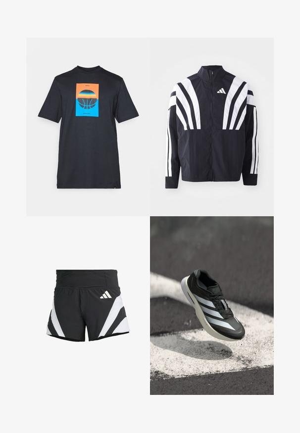 Crna jakna s visokim ovratnikom, punim patentnim zatvaračem i hrabrim bijelim dijagonalnim prugama na rukavima. Izrađena je od lagane tkanine s glatkom teksturom.; Crni majica kratkih rukava s centralnom grafikom: narančasti i plavi pravokutnik s ilustracijom košarkaške lopte i natpisom "ADIDAS BASKETBALL."; adidas Performance ADIZERO A M - Sportske kratke hlače - black; Crne atletske cipele s tri bijele pruge, strukturiranim gornjim dijelom, elegantnim dizajnom i zakrivljenim đonom, postavljene iznad bijele crte na asfaltu.