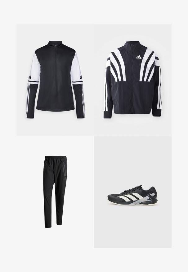 Mustrün mustaga, kõrge krae, täispikk tõmblukk ja julged valged diagonaalsed triibud varrukatel. Valmistatud kergest kangast, millel on sile tekstuur.; Mustvalge pika varrukaga sportlik särk, millel on neljanda osa tõmblukk kaeluses, varrukatel kolm triipu ja logo aktsendid. Sile kangastekstuuri.; Mustavad spordipüksid elastse vöökoha, kahe tõmblukuga küljetasku, kitsenevate säärete ning õrna logodetailiga puusadel.; Mustad sportlik jalanõud mustade värvidega, valgete triipudega, võrgusilma pealmine osa, ümar varvas ja pehme tallaga. Omab tekstureeritud kontsa ja kindlat paeltesüsteemi.