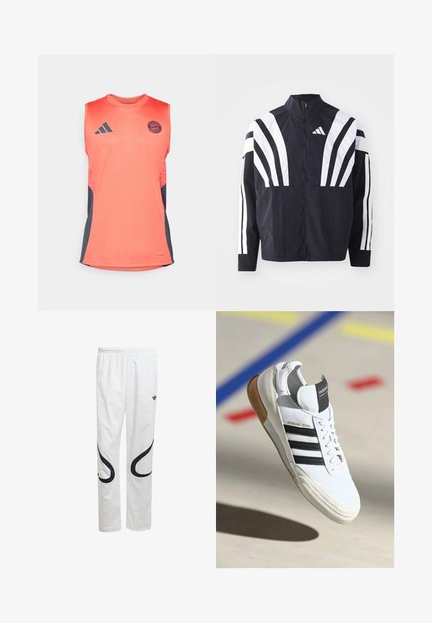 Sort jakke med højt krave, fuld lynlås og iøjnefaldende hvide diagonale striber på ærmerne. Lavet af letvægtsstof med en glat tekstur.; Koral ærmeløs atletisk skjorte med mørkegrå sidelæg. Har Adidas-logo og FC Bayern München-emblem. Lavet af letvægtsstof.; Hvide atletiske bukser med en glat tekstur, der har sorte buede motiver på siderne og et sort logo nær taljen.; Hvide Adidas Mundial Goal sneakers med sorte striber og gummisål, vist midt i luften over en sportsplads med farvede linjer.