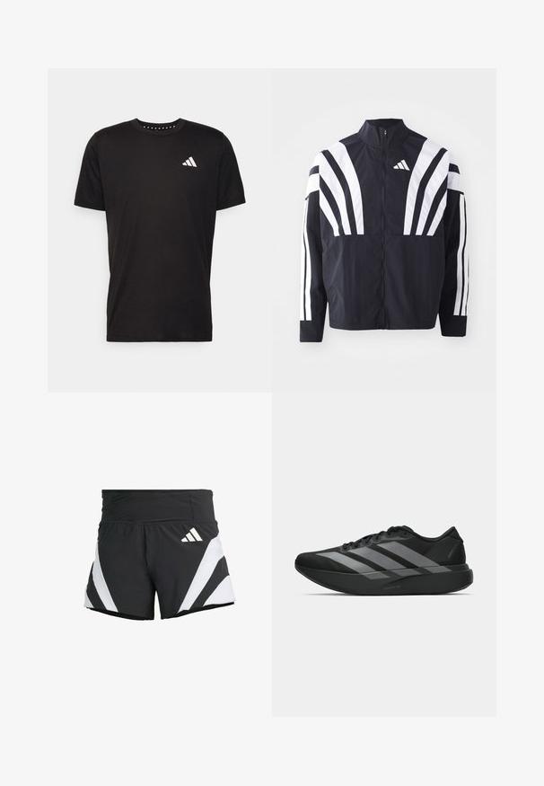 Jachetă neagră cu guler înalt, fermoar complet și dungi diagonale albe îndrăznețe pe mâneci. Fabricată dintr-un material ușor, cu o textură netedă.; Tricou negru din bumbac, cu mâneci scurte, de tip crew neckline, cu un logo alb pe pieptul stâng. Textură netedă și design simplu.; adidas Performance ADIZERO A M - Pantaloni scurți sport - black; Pantofi sport negri cu un design ușor, prezentând trei dungi gri proeminente, o textură netedă și o talpă conturată.