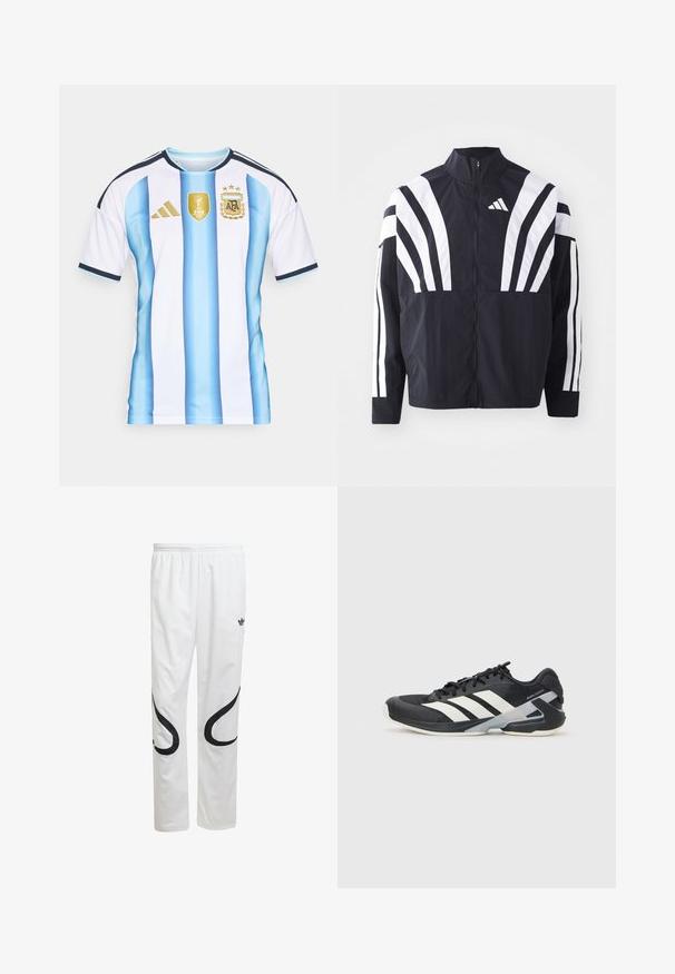 Juodas švarkas su aukštu kaklu, pilnu užtrauktuku ir ryškiomis baltomis įstrižomis juostelėmis ant rankovių. Pagamintas iš lengvos medžiagos su lygiu paviršiumi.; Balta ir šviesiai mėlyna dryžuota futbolo marškinėliai su juodais akcentais, Adidas logotipu, FIFA ženklu ir Argentinos futbolo asociacijos emblema.; Balti sportiniai kelnes su lygiu paviršiumi, turinčios juodas kreivas detales šonuose ir juodą logotipą prie liemens.; Juoda sportinė avalynė su baltais dryžiais, tinklinis viršus, apvalus pirštas ir paminkštinta padais. Yra tekstūruota kulno dalis ir saugi raištelių sistema.