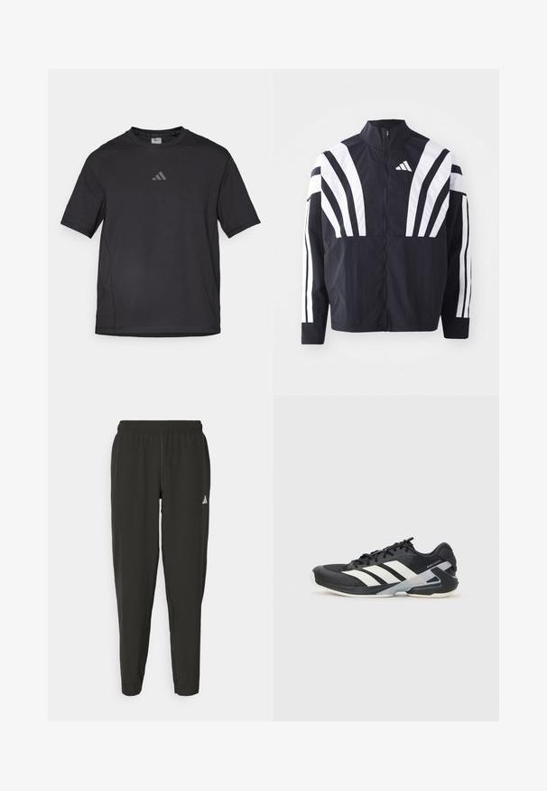 Jachetă neagră cu guler înalt, fermoar complet și dungi diagonale albe îndrăznețe pe mâneci. Fabricată dintr-un material ușor, cu o textură netedă.; Tricou sport negru din material respirabil, cu mâneci scurte, guler rotund și un logo reflectorizant pe piept.; Pantaloni sportivi negri cu talie elastică, croi slim, și logo alb pe piciorul stâng. Material neted, ușor.; Pantofii sport negri cu dungi albe, superior din plasă, vârf rotunjit și talpă îmbunătățită pentru amortizare. Au o călcătură texturată și un sistem de șireturi securizat.