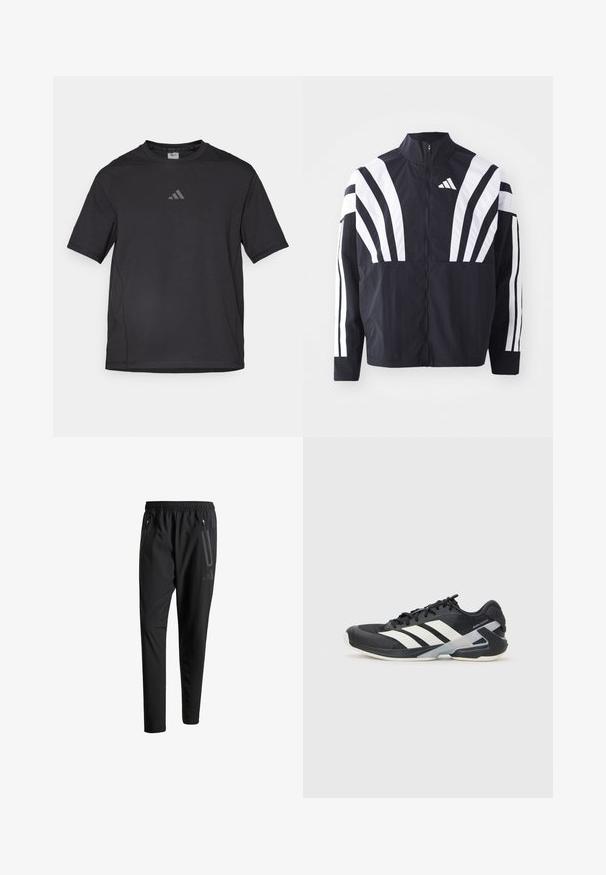 Black jacket featuring a high collar, full zip, and bold white diagonal stripes on sleeves. Made from lightweight fabric with a smooth texture.; Black athletic t-shirt made of breathable material, featuring short sleeves, a round neck, and a reflective logo on the chest.; Black athletic pants with an elastic waistband, two zippered side pockets, tapered legs, and a subtle logo detail on the hip.; Black athletic shoe with white stripes, mesh upper, rounded toe, and cushioned sole. Features a textured heel and secure lacing system.