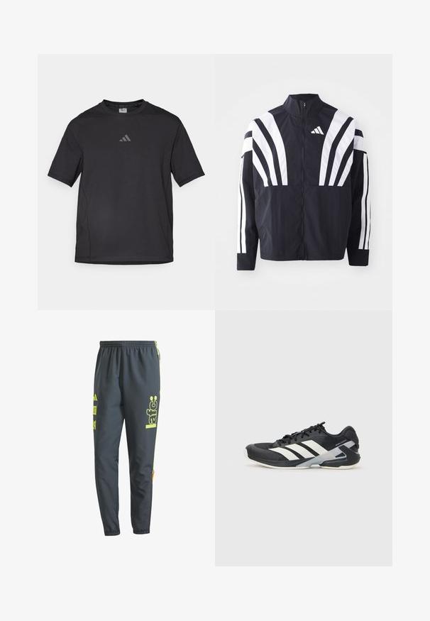 Fekete dzseki magas gallérral, teljes cipzárral és merész, fehér, átlós csíkokkal az ujjakon. Könnyű anyagból készült, sima tapintással.; Fekete sport póló lélegző anyagból, rövid ujjú, kerek nyakkal és fényvisszaverő logóval a mellkasán.; Sötétszürke sportnadrág, könnyű anyagból készült. Neon sárga logóval és díszítésekkel. Rugalmas derékpánt és szűkített lábformája van.; Fekete sportcipő fehér csíkokkal, hálós felsőrész, kerek orr és párnázott talp. Texturált sarokkal és biztonságos fűzőrendszerrel rendelkezik.