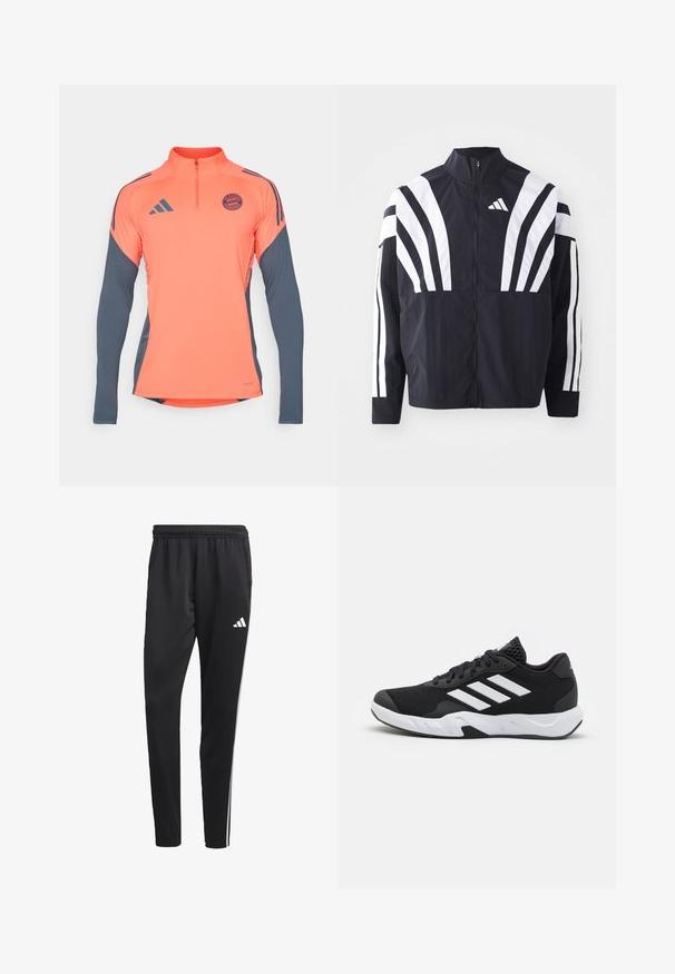Schwarze Jacke mit hohem Kragen, durchgehendem Reißverschluss und kräftigen weißen diagonalen Streifen an den Ärmeln. Aus leichtem Stoff mit glatter Textur gefertigt.; Oranges Sporthemd mit langen grauen Ärmeln, Halb-Reißverschluss-Ausschnitt, Adidas-Logos und dem Emblem des FC Bayern München auf der Brust. Glatte Stoffoberfläche, modernes Design.; Schwarze Sporthose mit einem dehnbaren Bund, weißen Seitenstreifen und einem kleinen weißen Logo auf dem Oberschenkel. Hergestellt aus einem glatten, leichten Material.; Schwarze Sportschuhe mit einem strukturierten Mesh-Obermaterial, weißen Akzentstreifen, einer gepolsterten Sohle und einer verstärkten Ferse für Unterstützung.