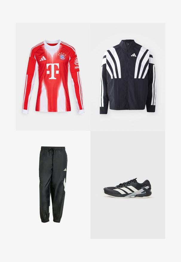 Zwarte jasje met een hoge kraag, volledige rits en gedurfde witte diagonale strepen op de mouwen. Gemaakt van lichtgewicht stof met een gladde textuur.; Rood-wit langemouwen voetbalshirt met gradienten, clublogo en drie strepen op de mouwen, gemaakt van ademend materiaal.; Zwarte sportbroek met een elastische tailleband, verstelbaar trekkoord en witte zijaccenten. Gemaakt van een gladde, lichte stof.; Zwarte sportschoen met witte strepen, bovenwerk van mesh, ronde neus en geveerde zool. Heeft een getextureerde hak en een veilig vetersysteem.