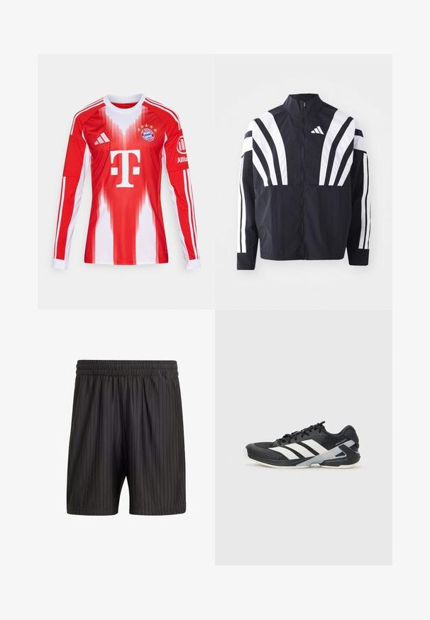 Black jacket featuring a high collar, full zip, and bold white diagonal stripes on sleeves. Made from lightweight fabric with a smooth texture.; Red and white long-sleeve football shirt featuring gradients, club logo, and three stripes on sleeves, made from breathable material.; Black shorts with an elastic waistband, featuring vertical pinstripes and a lightweight, textured fabric. Mid-thigh length.; Black athletic shoe with white stripes, mesh upper, rounded toe, and cushioned sole. Features a textured heel and secure lacing system.