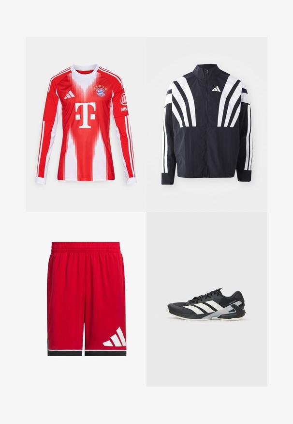 Svart jacka med hög krage, full dragkedja och djärva vita diagonala ränder på ärmarna. Tillverkad av lätt tyg med en slät struktur.; Röd och vit långärmad fotbollströja med gradienter, klubbens logotyp och tre ränder på ärmarna, tillverkad av ettandningsbart material.; Röda idrottsshorts med elastisk midja, svarta detaljer vid fållen och en vit tre-stripes logotyp nere till vänster. Lättviktsmaterial.; Svart atletisk sko med vita ränder, mesh-övre, rund tå och dämpad sula. Har en strukturerad häl och ett säkert snörningssystem.