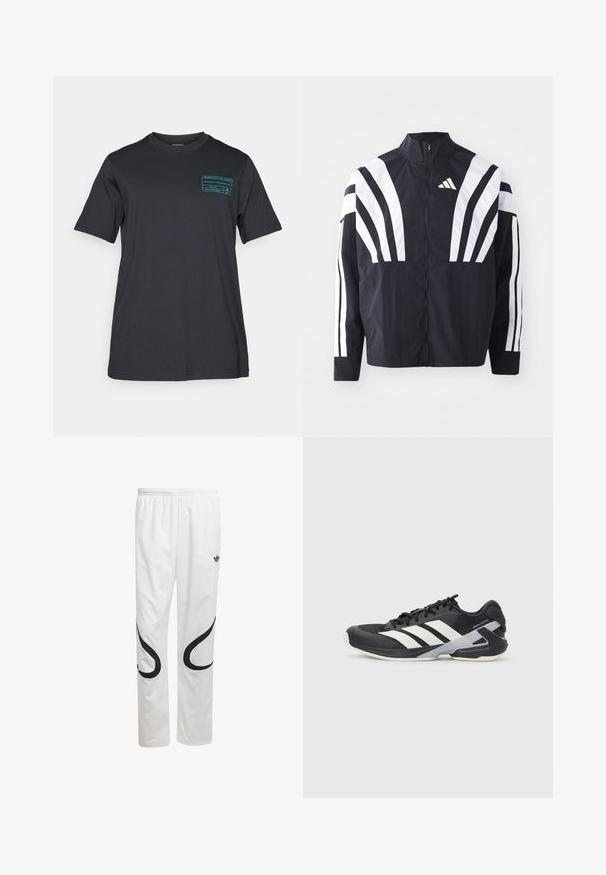 Mustrün mustaga, kõrge krae, täispikk tõmblukk ja julged valged diagonaalsed triibud varrukatel. Valmistatud kergest kangast, millel on sile tekstuur.; Must musta T-särk lühikeste varrukatega ja ümmarguse kaelusega. Vasaku rinnaosa peal on teal värvi graafiline trükk. Lihtne ja igapäevane disain.; Valged sportpüksid sileda pinnaga, mustade kaarjate kujunditega külgedel ja must logoga vöökoha lähedal.; Mustad sportlik jalanõud mustade värvidega, valgete triipudega, võrgusilma pealmine osa, ümar varvas ja pehme tallaga. Omab tekstureeritud kontsa ja kindlat paeltesüsteemi.