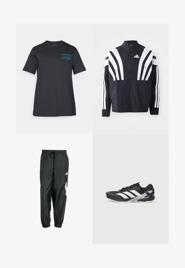 Schwarze Jacke mit hohem Kragen, durchgehendem Reißverschluss und kräftigen weißen diagonalen Streifen an den Ärmeln. Aus leichtem Stoff mit glatter Textur gefertigt.; Schwarzes Baumwoll-T-Shirt mit kurzen Ärmeln und Rundhalsausschnitt. Enthält einen türkisfarbenen Grafikdruck auf der linken Brustseite. Schlichtes, lässiges Design.; Schwarze Sporthosen mit einem elastischen Bund, verstellbarem Kordelzug und weißen Seitenelementen. Hergestellt aus glattem, leichtem Material.; Schwarzer Sportschuh mit weißen Streifen, Obermaterial aus Mesh, runde Zehenform und gepolstertem Sohlenteil. Verfügt über eine strukturierte Ferse und ein sicheres Schnürsystem.