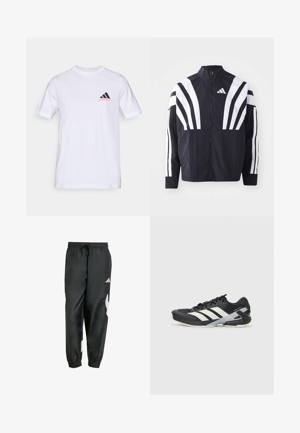 Schwarze Jacke mit hohem Kragen, durchgehendem Reißverschluss und kräftigen weißen diagonalen Streifen an den Ärmeln. Aus leichtem Stoff mit glatter Textur gefertigt.; Weißes Baumwoll-T-Shirt mit einem schwarzen Drei-Streifen-Logo und 'Merkel' in Pink auf der linken Brust. Klassischer Rundhalsausschnitt und kurze Ärmel.; Schwarze Sporthosen mit einem elastischen Bund, verstellbarem Kordelzug und weißen Seitenelementen. Hergestellt aus glattem, leichtem Material.; Schwarzer Sportschuh mit weißen Streifen, Obermaterial aus Mesh, runde Zehenform und gepolstertem Sohlenteil. Verfügt über eine strukturierte Ferse und ein sicheres Schnürsystem.