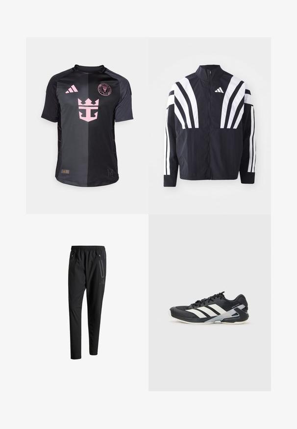 Melna jakas ar augstu apkakli, pilnu rāvējslēdzēju un drosmīgām baltām diagonālām svītrām uz piedurknēm. Izgatavota no viegla auduma ar gludu tekstūru.; adidas Performance INTER MIAMI CLOUDFOAM25/26 AWAY AUTHENTIC - Kluba apģērbs - black; Melni sporta bikses ar elastīgu vidukli, divām kabatām ar rāvējslēdzējiem sānos, sašaurinātām kājām un diskrētu logo detaļu uz gurniem.; Melnas sporta kurpes ar baltām svītrām, acs augšdaļa, noapaļots pirksts un mīksts zole. Iespējams ar teksturētu papēdi un drošu šņoru sistēmu.