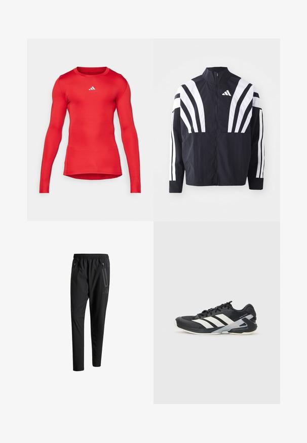 Crna jakna s visokim ovratnikom, punim patentnim zatvaračem i hrabrim bijelim dijagonalnim prugama na rukavima. Izrađena je od lagane tkanine s glatkom teksturom.; Crvena dugorukava atletska majica napravljena od glatkog, rastezljivog materijala; prilagođeni dizajn; s malim bijelim logom blizu izreza.; Crne atletske hlače s elastičnim pojasom, dva bočna džepa sa zatvaračem, suženi nogavici i diskretnim logotipom na kuku.; Crne atletske cipele s bijelim prugama, mrežasta gornja strana, zaobljeni prst i podstavljeni đon. Imaju teksturiranu petu i siguran sustav vezivanja.