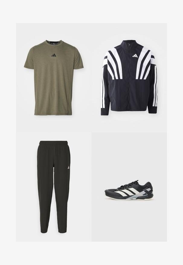 Čierna bunda s vysokým golierom, plným zipsom a výraznými bielymi diagonálnymi pruhmi na rukávoch. Vyrobená z ľahkého materiálu s hladkou textúrou.; Olivovo zelené tričko s krátkym rukávom, vyrobené z mäkkej tkaniny, s čiernym logom Adidas na hrudi a klasickým okrúhlym výstrihom.; Čierne športové nohavice s elastickým pásom, úzkeho strihu a bielym logom na ľavej nohe. Hladká, ľahká tkanina.; Čierna športová obuv s bielymi pruhmi, sieťovinový zvršok, zaoblená špička a polstrovaná podrážka. Obsahuje štruktúrovaný opätok a bezpečný systém šnurovania.