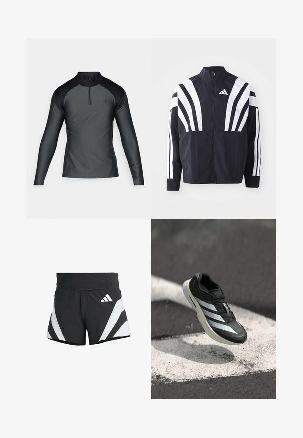 Sort jakke med højt krave, fuld lynlås og iøjnefaldende hvide diagonale striber på ærmerne. Lavet af letvægtsstof med en glat tekstur.; Langærmet, mørkegrå atletisk pullover med sorte skuldre og en front kvart-zip krave på hvid baggrund.; adidas Performance ADIZERO A M - Korte sportsbukser - black; Sort sportssko med tre hvide striber, tekstureret overdel, slankt design og en buet sål, placeret over en hvid linje på asfalt.