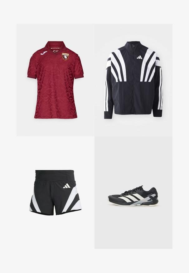 Jachetă neagră cu guler înalt, fermoar complet și dungi diagonale albe îndrăznețe pe mâneci. Fabricată dintr-un material ușor, cu o textură netedă.; Tricou roșu cu un model texturat subtil, având un guler clasic și un logo al Torino FC pe piept. Mâneci scurte și material respirabil.; adidas Performance ADIZERO A M - Pantaloni scurți sport - black; Pantofii sport negri cu dungi albe, superior din plasă, vârf rotunjit și talpă îmbunătățită pentru amortizare. Au o călcătură texturată și un sistem de șireturi securizat.