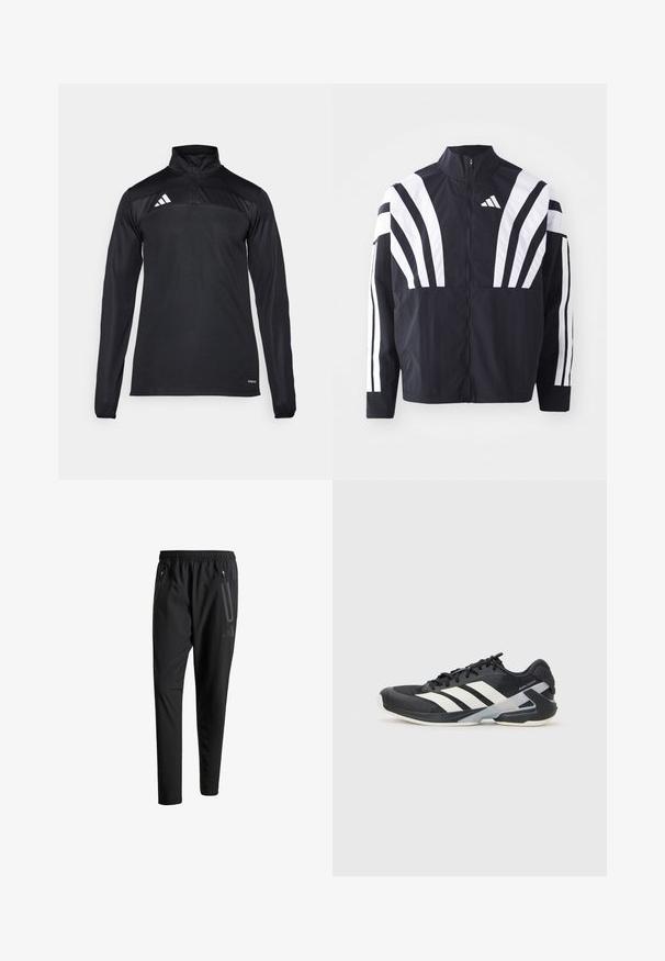 Jachetă neagră cu guler înalt, fermoar complet și dungi diagonale albe îndrăznețe pe mâneci. Fabricată dintr-un material ușor, cu o textură netedă.; Pullover sport negru, cu mâneci lungi, gât cu fermoar la un sfert, panou superior texturat și accente albe cu logo pe umărul stâng.; Pantaloni atletici negri cu talie elastică, două buzunare laterale cu fermoar, picioare conice și un detaliu logo discret pe șold.; Pantofii sport negri cu dungi albe, superior din plasă, vârf rotunjit și talpă îmbunătățită pentru amortizare. Au o călcătură texturată și un sistem de șireturi securizat.