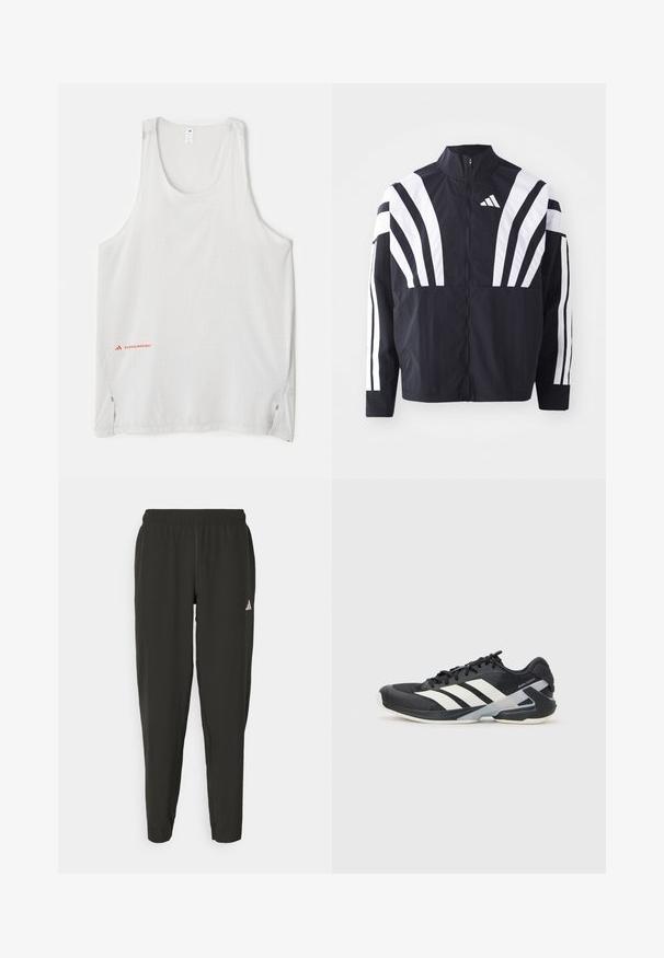 Veste noire avec un col montant, fermeture éclair sur toute la longueur et de larges rayures blanches diagonales sur les manches. Fabriquée en tissu léger avec une texture lisse.; Débardeur blanc sans manches en tissu léger, avec des petits motifs en points et des fentes sur les côtés. Logo de la marque en rouge en bas à gauche.; Pantalons de sport noirs avec une taille élastique, coupe slim et logo blanc sur la jambe gauche. Tissu lisse et léger.; Chaussure de sport noire avec des rayures blanches, tige en mesh, bout arrondi et semelle rembourrée. Comprend un talon texturé et un système de laçage sécurisé.