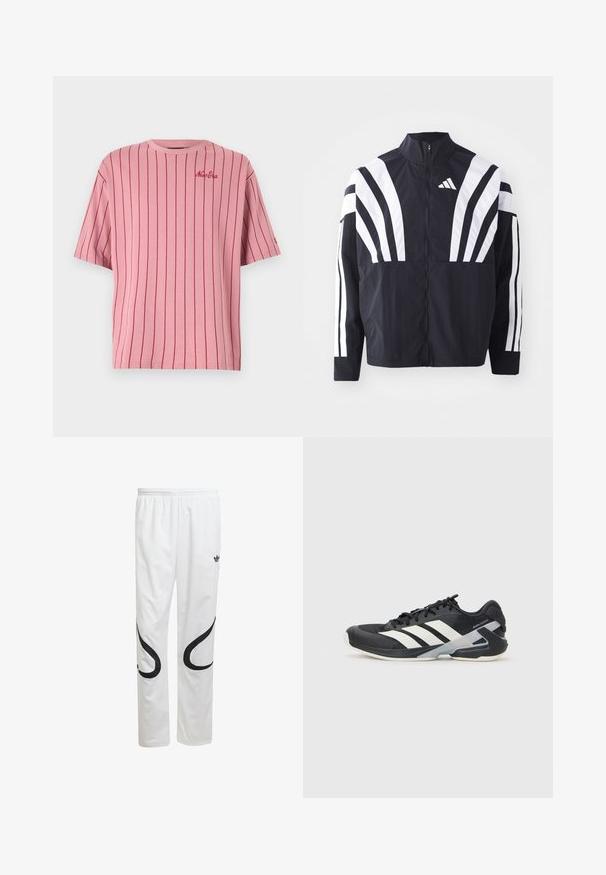 Casaco preto com colarinho alto, fecho completo e listras diagonais brancas em bold nas mangas. Feito de um tecido leve com uma textura suave.; T-shirt rayado rosa feito de algodão, com mangas curtas, decote redondo e texto bordado em rosa mais escuro.; Calças desportivas brancas com uma textura suave, apresentando desenhos curvos pretos nas laterais e um logótipo preto perto da cintura.; Sapata atlética preta com riscas brancas, parte superior em malha, biqueira arredondada e sola acolchoada. Apresenta um calcanhar texturizado e um sistema de atacadores seguro.