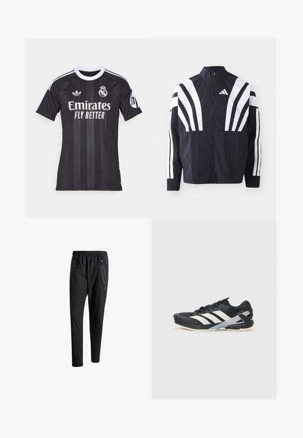 Černá bunda s vysokým límcem, plným zipem a výraznými bílými šikmými pruhy na rukávech. Vyrobena z lehké látky s hladkou texturou.; Černý fotbalový dres Realu Madrid s bílým límečkem, logy Adidas a týmu, textem sponzora Emirates Fly Better a logem HP na rukávu.; Černé sportovní kalhoty s elastickým pasem, dvěma zipovými bočními kapsami, zúženými nohavicemi a decentním logem na boku.; Černá sportovní obuv s bílými pruhy, síťovaným svrškem, zaoblenou špičkou a polstrovanou podrážkou. Obsahuje texturovanou patu a bezpečný systém šněrování.