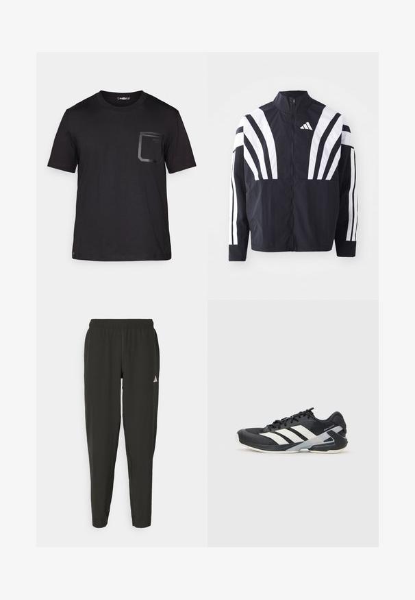 Casaco preto com colarinho alto, fecho completo e listras diagonais brancas em bold nas mangas. Feito de um tecido leve com uma textura suave.; T-shirt preta de manga curta feito de algodão com uma textura subtil. Apresenta um bolso frontal com um design retangular e detalhe do logo.; Calças de atletismo pretas com cintura elástica, corte justo e logotipo branco na perna esquerda. Tecido liso e leve.; Sapata atlética preta com riscas brancas, parte superior em malha, biqueira arredondada e sola acolchoada. Apresenta um calcanhar texturizado e um sistema de atacadores seguro.