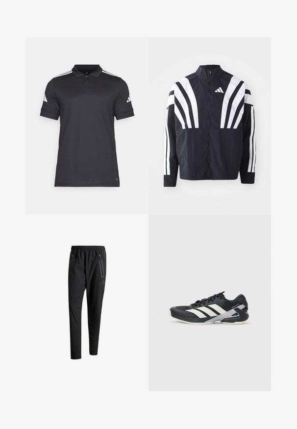 Casaco preto com colarinho alto, fecho completo e listras diagonais brancas em bold nas mangas. Feito de um tecido leve com uma textura suave.; Pólo preto com colarinho clássico, pala com três botões, mangas curtas e detalhes em riscas brancas nos ombros. Feito de um tecido respirável.; Calças de treino pretas com uma cintura elástica, dois bolsos laterais com fecho, pernas ajustadas e um discreto detalhe de logotipo no quadril.; Sapata atlética preta com riscas brancas, parte superior em malha, biqueira arredondada e sola acolchoada. Apresenta um calcanhar texturizado e um sistema de atacadores seguro.