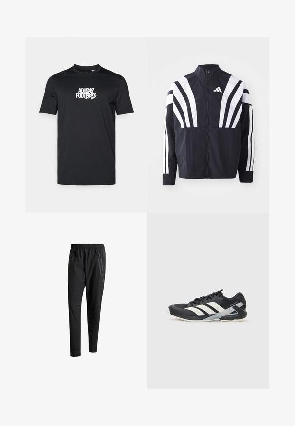 Fekete dzseki magas gallérral, teljes cipzárral és merész, fehér, átlós csíkokkal az ujjakon. Könnyű anyagból készült, sima tapintással.; Fekete pamut póló; kerek nyakú; rövid ujjú; az elején egy fehér Adidas Football logóval.; Fekete sportos nadrág elasztikus derékpánttal, két cipzáras oldalt zsebbel, tapered lábakkal és diszkrét logóval a csípőn.; Fekete sportcipő fehér csíkokkal, hálós felsőrész, kerek orr és párnázott talp. Texturált sarokkal és biztonságos fűzőrendszerrel rendelkezik.