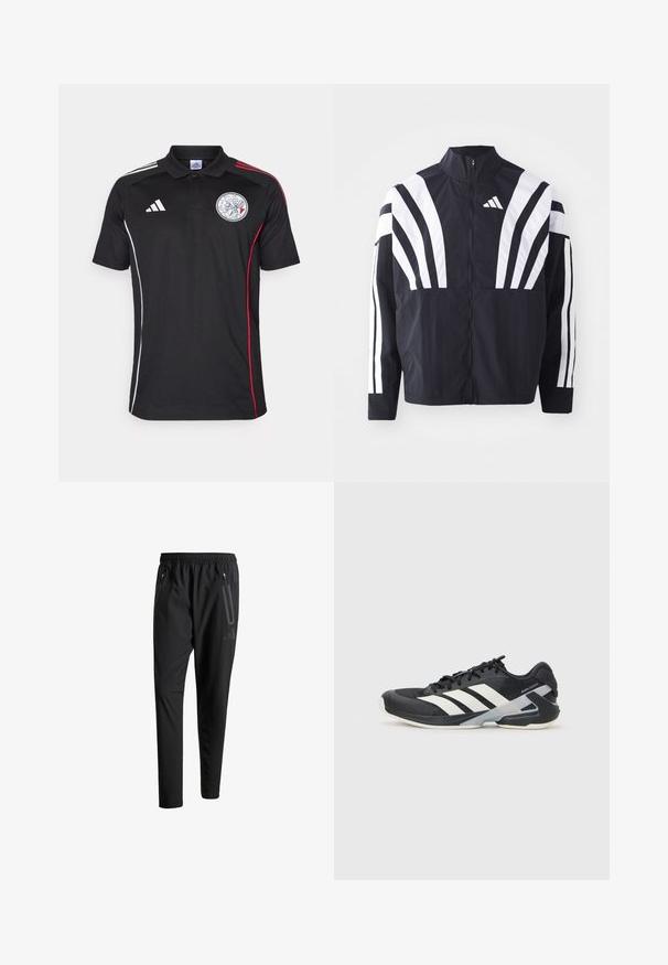 Crna jakna s visokim ovratnikom, punim patentnim zatvaračem i hrabrim bijelim dijagonalnim prugama na rukavima. Izrađena je od lagane tkanine s glatkom teksturom.; Crna polo majica s bijelim i crvenim bočnim prugama, bijelim Adidas logotipom i okruglim grbom. Izrađena od glatke tkanine, ima ovratnik i tri gumba.; Crne atletske hlače s elastičnim pojasom, dva bočna džepa sa zatvaračem, suženi nogavici i diskretnim logotipom na kuku.; Crne atletske cipele s bijelim prugama, mrežasta gornja strana, zaobljeni prst i podstavljeni đon. Imaju teksturiranu petu i siguran sustav vezivanja.