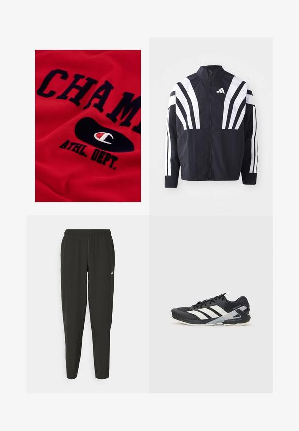 Zwarte jasje met een hoge kraag, volledige rits en gedurfde witte diagonale strepen op de mouwen. Gemaakt van lichtgewicht stof met een gladde textuur.; Rode katoenen sweatshirt met grote marineblauwe tekst "CHAMP" en "ATHL. DEPT." en een zwart ovaal logo met een wit en rood embleem.; Zwarte sportbroek met een elastische tailleband, slim fit en een wit logo op het linkerbeen. Soepele, lichte stof.; Zwarte sportschoen met witte strepen, bovenwerk van mesh, ronde neus en geveerde zool. Heeft een getextureerde hak en een veilig vetersysteem.